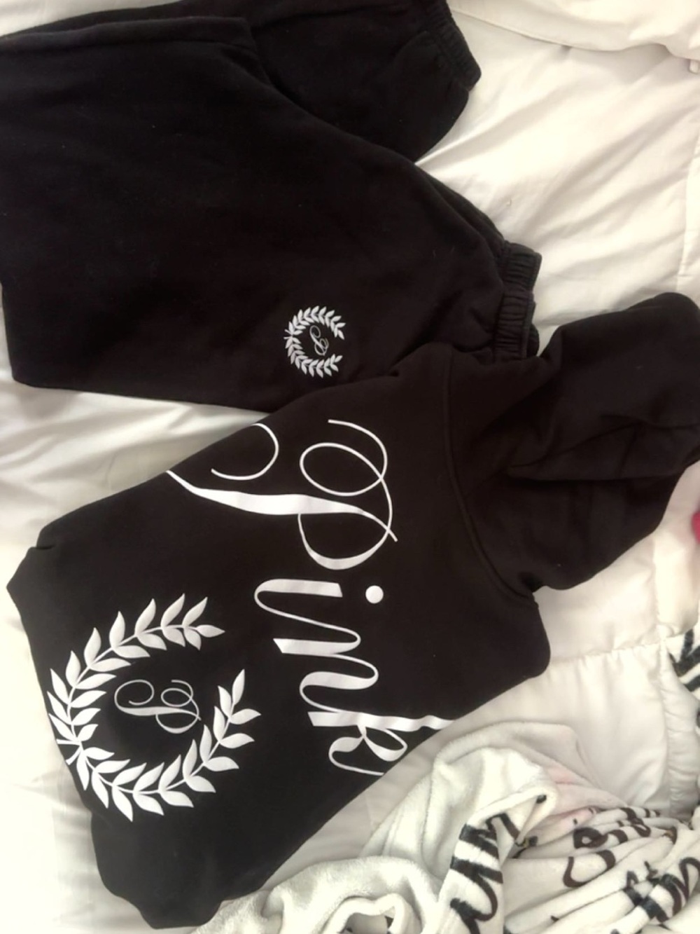 PINK Victoria's Secret Black Track Pants & Hoodie Set with White Logo